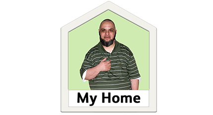 Image of man with text that reads 'My home'