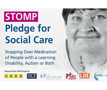 STOMP pledge graphic that reads "Pledge for social care. Stopping over-medication of people with a learning disability or both"